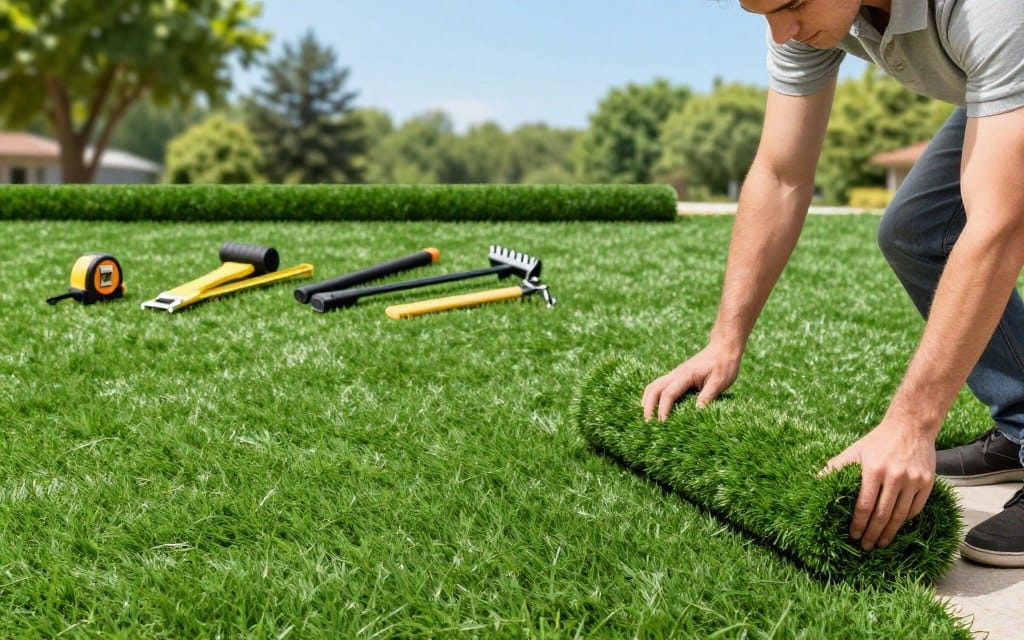A step-by-step guide illustration for artificial turf installation, showcasing a detailed process in a bright, well-lit outdoor setting. In the foreground, a professional in modest casual clothing carefully lays down a section of vibrant green turf, demonstrating the installation technique. The middle layer features tools like a measuring tape, turf cutter, and leveling rake neatly arranged. In the background, lush trees and a clear blue sky provide an inviting atmosphere. Soft, natural lighting enhances the colors, creating a vivid and engaging image. The overall mood is informative and encouraging, perfect for guiding readers through the turf installation process without any clutter or distractions. A step-by-step guide illustration for artificial turf installation, showcasing a detailed process in a bright, well-lit outdoor setting. In the foreground, a professional in modest casual clothing carefully lays down a section of vibrant green turf, demonstrating the installation technique. The middle layer features tools like a measuring tape, turf cutter, and leveling rake neatly arranged. In the background, lush trees and a clear blue sky provide an inviting atmosphere. Soft, natural lighting enhances the colors, creating a vivid and engaging image. The overall mood is informative and encouraging, perfect for guiding readers through the turf installation process without any clutter or distractions.