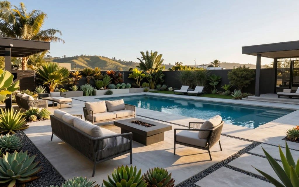 A stunning modern landscape design scene set in a backyard in Los Angeles, highlighting an elegant outdoor living space. In the foreground, a stylish patio with sleek, contemporary furniture arranged around a fire pit, surrounded by varied greenery including succulents and tropical plants. The middle ground features a beautiful, minimalist pool reflecting the sunlight, framed by modern stone pathways and decorative gravel beds. In the background, gentle hills and a clear blue sky create a serene atmosphere. Soft afternoon sunlight spills over the scene, casting warm shadows that enhance the tranquil mood. The angle captures the space from a slightly elevated perspective, showcasing the cohesive layout and inviting ambiance of modern backyard transformations. A stunning modern landscape design scene set in a backyard in Los Angeles, highlighting an elegant outdoor living space. In the foreground, a stylish patio with sleek, contemporary furniture arranged around a fire pit, surrounded by varied greenery including succulents and tropical plants. The middle ground features a beautiful, minimalist pool reflecting the sunlight, framed by modern stone pathways and decorative gravel beds. In the background, gentle hills and a clear blue sky create a serene atmosphere. Soft afternoon sunlight spills over the scene, casting warm shadows that enhance the tranquil mood. The angle captures the space from a slightly elevated perspective, showcasing the cohesive layout and inviting ambiance of modern backyard transformations.