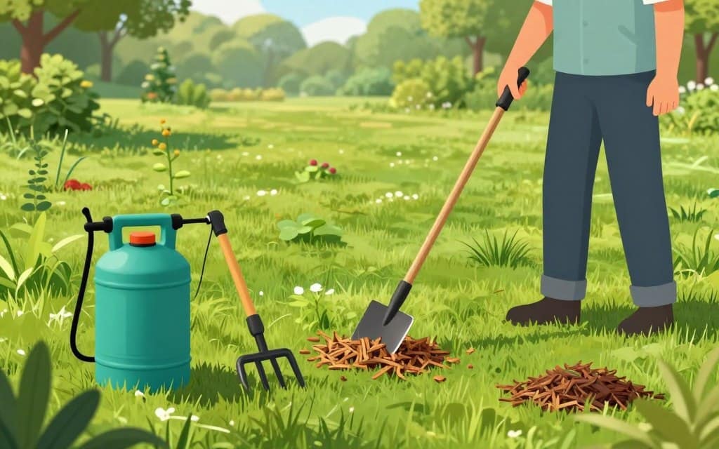 A vibrant and detailed illustration depicting lawn weed control strategies in a lush green lawn setting. In the foreground, various tools for weed control are neatly arranged, including a garden sprayer, hand weeder, and organic mulch. In the middle ground, a person in professional gardening attire is actively applying a natural weed control solution, showcasing a careful technique. The background features a diverse landscape of a healthy lawn interspersed with patches of common weeds, illustrating the contrast between managed and unmanaged areas. Soft sunlight filters through trees, creating a serene and professional atmosphere. The angle captures the depth of the scene, emphasizing the importance of effective lawn care strategies while maintaining a clean and informative aesthetic. A vibrant and detailed illustration depicting lawn weed control strategies in a lush green lawn setting. In the foreground, various tools for weed control are neatly arranged, including a garden sprayer, hand weeder, and organic mulch. In the middle ground, a person in professional gardening attire is actively applying a natural weed control solution, showcasing a careful technique. The background features a diverse landscape of a healthy lawn interspersed with patches of common weeds, illustrating the contrast between managed and unmanaged areas. Soft sunlight filters through trees, creating a serene and professional atmosphere. The angle captures the depth of the scene, emphasizing the importance of effective lawn care strategies while maintaining a clean and informative aesthetic.