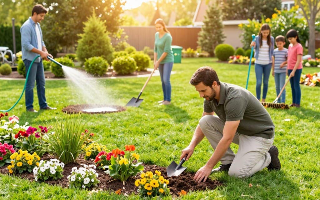 A vibrant and healthy lawn scene showcasing various cultural practices for lawn care. In the foreground, a professional dressed in modest casual clothing kneels, inspecting the soil with a hand trowel, surrounded by colorful, thriving flowers and green grass. In the middle ground, different lawn maintenance practices are highlighted: a person watering the grass with a hose, another applying mulch with a shovel, and a family raking leaves together, all set under warm, golden sunlight filtering through nearby trees. In the background, a pristine, structured garden offers a view of neatly trimmed shrubs and a small compost bin, evoking a sense of community and responsible gardening. The atmosphere is inviting and educational, emphasizing eco-friendly practices and the importance of nurturing a healthy lawn. A vibrant and healthy lawn scene showcasing various cultural practices for lawn care. In the foreground, a professional dressed in modest casual clothing kneels, inspecting the soil with a hand trowel, surrounded by colorful, thriving flowers and green grass. In the middle ground, different lawn maintenance practices are highlighted: a person watering the grass with a hose, another applying mulch with a shovel, and a family raking leaves together, all set under warm, golden sunlight filtering through nearby trees. In the background, a pristine, structured garden offers a view of neatly trimmed shrubs and a small compost bin, evoking a sense of community and responsible gardening. The atmosphere is inviting and educational, emphasizing eco-friendly practices and the importance of nurturing a healthy lawn.