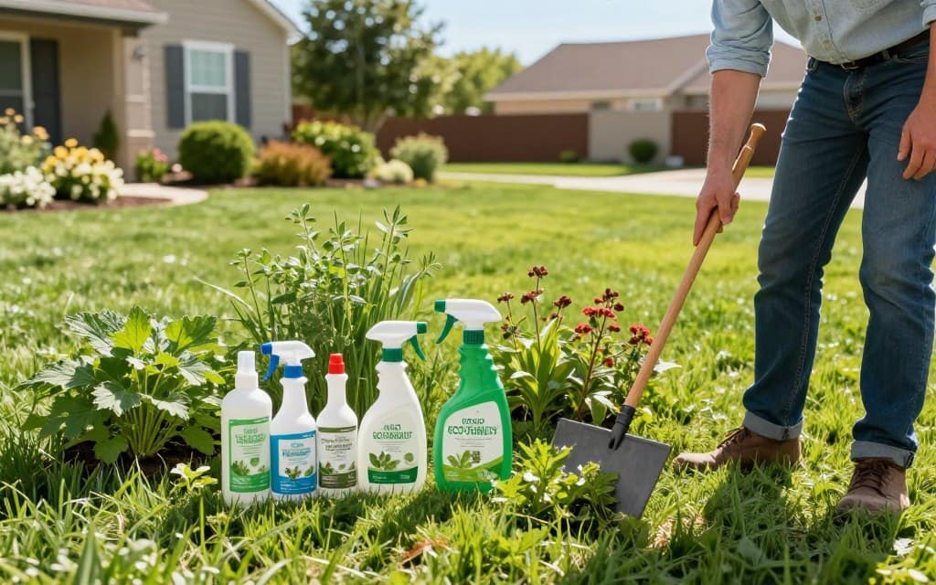 A vibrant and informative scene depicting various lawn weed control strategies. In the foreground, a professional landscaper in smart casual attire examines a selection of eco-friendly weed control products laid out on a bright green lawn, highlighting an array of spray bottles and natural herbicides. The middle ground showcases healthy patches of grass interspersed with different types of common lawn weeds, emphasizing the contrasts. In the background, a suburban yard with neat flower beds and a well-manicured lawn under clear blue skies, illuminated by soft sunlight, creating a warm and inviting atmosphere. The composition is captured from a slightly elevated angle to provide a comprehensive view, conveying a sense of proactive lawn care and mastery in weed control techniques. A vibrant and informative scene depicting various lawn weed control strategies. In the foreground, a professional landscaper in smart casual attire examines a selection of eco-friendly weed control products laid out on a bright green lawn, highlighting an array of spray bottles and natural herbicides. The middle ground showcases healthy patches of grass interspersed with different types of common lawn weeds, emphasizing the contrasts. In the background, a suburban yard with neat flower beds and a well-manicured lawn under clear blue skies, illuminated by soft sunlight, creating a warm and inviting atmosphere. The composition is captured from a slightly elevated angle to provide a comprehensive view, conveying a sense of proactive lawn care and mastery in weed control techniques.