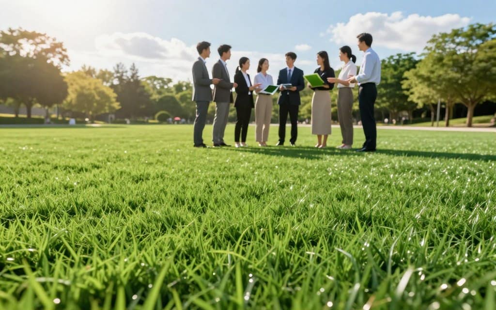 A vibrant and lush field of PFAS-free synthetic grass occupies the foreground, showcasing its soft, green blades glistening under the sunlight. In the middle ground, a diverse group of people dressed in professional business attire and modest casual clothing engage in a discussion about the benefits of recyclable grass, pointing to samples and illustrating its eco-friendly attributes. The background features a serene park setting with trees, a bright blue sky, and fluffy white clouds, emphasizing a clean, safe environment. The lighting is warm and inviting, casting soft shadows that enhance the textures of both the grass and the surroundings. The overall mood is one of positivity and innovation, promoting sustainable practices in artificial turf solutions. A vibrant and lush field of PFAS-free synthetic grass occupies the foreground, showcasing its soft, green blades glistening under the sunlight. In the middle ground, a diverse group of people dressed in professional business attire and modest casual clothing engage in a discussion about the benefits of recyclable grass, pointing to samples and illustrating its eco-friendly attributes. The background features a serene park setting with trees, a bright blue sky, and fluffy white clouds, emphasizing a clean, safe environment. The lighting is warm and inviting, casting soft shadows that enhance the textures of both the grass and the surroundings. The overall mood is one of positivity and innovation, promoting sustainable practices in artificial turf solutions.