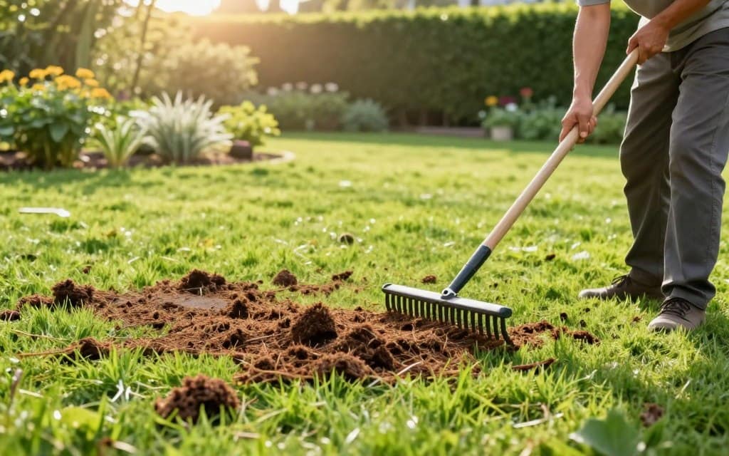 A vibrant and lush lawn during a sunny afternoon, showcasing the process of dethatching as an essential part of lawn care. In the foreground, a professional gardener in modest casual attire uses a dethatching rake, pulling up thick layers of thatch, with clumps of brown organic matter visible. The middle ground features freshly dethatched patches of bright green grass alongside untouched areas, illustrating the contrast. In the background, a well-maintained garden, including flower beds and a hedge, complements the scene. Soft sunlight filters through the leaves, creating a warm and inviting atmosphere, while a shallow depth of field focuses on the gardener and dethatching process. The image captures an active yet serene moment in lawn maintenance, emphasizing the importance of integrating dethatching into regular lawn care. A vibrant and lush lawn during a sunny afternoon, showcasing the process of dethatching as an essential part of lawn care. In the foreground, a professional gardener in modest casual attire uses a dethatching rake, pulling up thick layers of thatch, with clumps of brown organic matter visible. The middle ground features freshly dethatched patches of bright green grass alongside untouched areas, illustrating the contrast. In the background, a well-maintained garden, including flower beds and a hedge, complements the scene. Soft sunlight filters through the leaves, creating a warm and inviting atmosphere, while a shallow depth of field focuses on the gardener and dethatching process. The image captures an active yet serene moment in lawn maintenance, emphasizing the importance of integrating dethatching into regular lawn care.