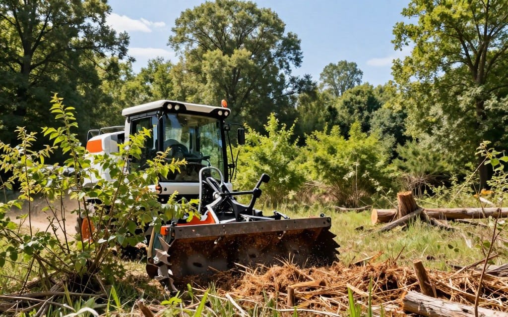 A vibrant, eco-friendly forestry mulching scene showcasing a forestry mulcher in action on a sunlit day. In the foreground, the robust mulching machine is depicted, equipped with sharp, rotating blades, effectively shredding brush and small trees into fine mulch. The middle ground features a diverse forest landscape with various shades of green foliage and scattered wood debris, illustrating the transformation of overgrown land into a groomed ecosystem. In the background, tall trees stand majestically against a bright blue sky, with soft, natural sunlight filtering through the leaves, creating a warm, inviting atmosphere. The scene captures a sense of sustainability and harmony with nature, all while maintaining a professional aesthetic. A vibrant, eco-friendly forestry mulching scene showcasing a forestry mulcher in action on a sunlit day. In the foreground, the robust mulching machine is depicted, equipped with sharp, rotating blades, effectively shredding brush and small trees into fine mulch. The middle ground features a diverse forest landscape with various shades of green foliage and scattered wood debris, illustrating the transformation of overgrown land into a groomed ecosystem. In the background, tall trees stand majestically against a bright blue sky, with soft, natural sunlight filtering through the leaves, creating a warm, inviting atmosphere. The scene captures a sense of sustainability and harmony with nature, all while maintaining a professional aesthetic.