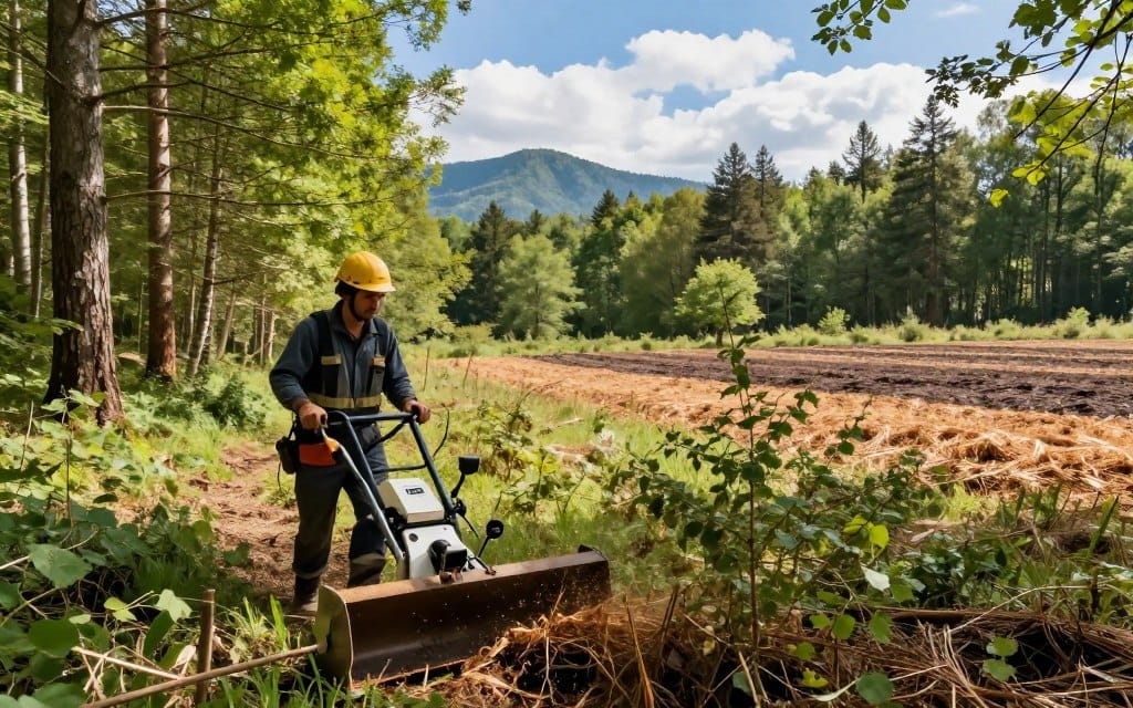 A vibrant outdoor scene capturing the advantages of forestry mulching over traditional clearing methods. In the foreground, a professional wearing safety gear operates a forestry mulcher, efficiently processing underbrush and small trees into mulch. The middle ground features a contrast of an untouched forest area alongside a recently mulched section, showcasing the neat, biodegradable mulch left behind. In the background, distant mountains and a bright blue sky add a serene atmosphere. Soft sunlight filters through the trees, highlighting the ecological benefits of mulching, such as improved soil health and reduced wildfire risk. The overall mood is calm and eco-friendly, emphasizing sustainability and forest management. Shot from a low angle to enhance the machinery's efficiency and the beauty of the natural landscape. A vibrant outdoor scene capturing the advantages of forestry mulching over traditional clearing methods. In the foreground, a professional wearing safety gear operates a forestry mulcher, efficiently processing underbrush and small trees into mulch. The middle ground features a contrast of an untouched forest area alongside a recently mulched section, showcasing the neat, biodegradable mulch left behind. In the background, distant mountains and a bright blue sky add a serene atmosphere. Soft sunlight filters through the trees, highlighting the ecological benefits of mulching, such as improved soil health and reduced wildfire risk. The overall mood is calm and eco-friendly, emphasizing sustainability and forest management. Shot from a low angle to enhance the machinery's efficiency and the beauty of the natural landscape.