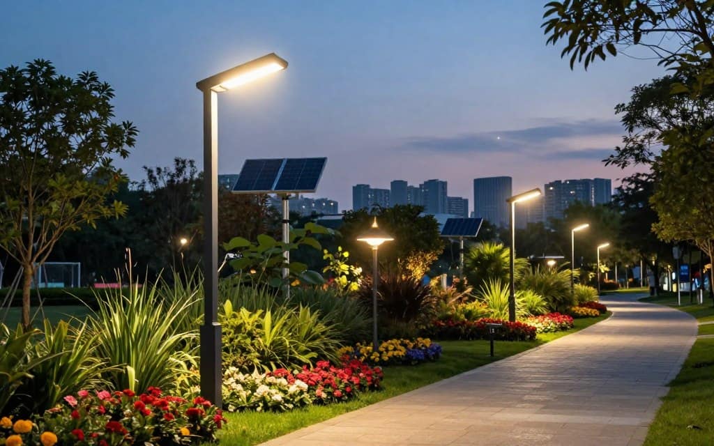 A vibrant outdoor scene showcasing modern LED lighting setups in a public park during twilight. In the foreground, a sleek, stylish LED streetlight with a warm glow illuminates a walking path lined with lush greenery and colorful flower beds. The middle layer features various lighting fixtures, such as solar panels and elegant pendant lights, highlighting their brightness and performance. In the background, a serene urban skyline is seen against a dusky sky, with stars beginning to twinkle. Soft, diffused light enhances the tranquil atmosphere, while sharp contrasts create a compelling visual between illuminated areas and shadows. The overall mood is inviting, demonstrating the effectiveness and appeal of innovative outdoor lighting solutions in diverse settings. A vibrant outdoor scene showcasing modern LED lighting setups in a public park during twilight. In the foreground, a sleek, stylish LED streetlight with a warm glow illuminates a walking path lined with lush greenery and colorful flower beds. The middle layer features various lighting fixtures, such as solar panels and elegant pendant lights, highlighting their brightness and performance. In the background, a serene urban skyline is seen against a dusky sky, with stars beginning to twinkle. Soft, diffused light enhances the tranquil atmosphere, while sharp contrasts create a compelling visual between illuminated areas and shadows. The overall mood is inviting, demonstrating the effectiveness and appeal of innovative outdoor lighting solutions in diverse settings.