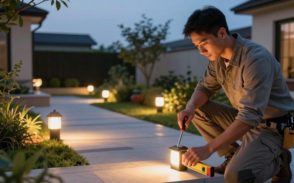 A visually engaging scene showcasing practical tips for installing outdoor LED lighting. In the foreground, a professional contractor in modest casual clothing is demonstrating the installation of LED fixtures on a stylish patio. The contractor uses tools effectively, such as a screwdriver and a level, with a focused expression. In the middle ground, beautifully illuminated outdoor LED lights are installed along a garden pathway, casting a warm glow that enhances the surrounding landscaping. The background features a serene evening sky transitioning from daylight to twilight, emphasizing the importance of proper lighting in outdoor spaces. Soft natural lighting creates a welcoming atmosphere, ideal for outdoor gatherings. The angle captures both the contractor's actions and the attractive installation aesthetics, conveying clarity and professionalism. A visually engaging scene showcasing practical tips for installing outdoor LED lighting. In the foreground, a professional contractor in modest casual clothing is demonstrating the installation of LED fixtures on a stylish patio. The contractor uses tools effectively, such as a screwdriver and a level, with a focused expression. In the middle ground, beautifully illuminated outdoor LED lights are installed along a garden pathway, casting a warm glow that enhances the surrounding landscaping. The background features a serene evening sky transitioning from daylight to twilight, emphasizing the importance of proper lighting in outdoor spaces. Soft natural lighting creates a welcoming atmosphere, ideal for outdoor gatherings. The angle captures both the contractor's actions and the attractive installation aesthetics, conveying clarity and professionalism.