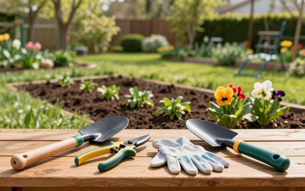 A well-organized garden scene showcasing essential garden tools and techniques for spring clean-up. In the foreground, highlight a variety of essential tools: a sturdy spade, pruning shears, gloves, and a hand trowel, all resting on a wooden workbench. In the middle ground, an immaculate garden bed with freshly turned soil, small plants, and vibrant flowers peeking out, illustrating proper planting techniques. The background features a lush, green garden with trees and hedges under soft, natural sunlight, casting gentle shadows. Use a shallow depth of field to blur distant elements, creating a serene and focused atmosphere. The overall mood should emanate warmth and preparation, inviting gardeners to start their spring season with enthusiasm and readiness. A well-organized garden scene showcasing essential garden tools and techniques for spring clean-up. In the foreground, highlight a variety of essential tools: a sturdy spade, pruning shears, gloves, and a hand trowel, all resting on a wooden workbench. In the middle ground, an immaculate garden bed with freshly turned soil, small plants, and vibrant flowers peeking out, illustrating proper planting techniques. The background features a lush, green garden with trees and hedges under soft, natural sunlight, casting gentle shadows. Use a shallow depth of field to blur distant elements, creating a serene and focused atmosphere. The overall mood should emanate warmth and preparation, inviting gardeners to start their spring season with enthusiasm and readiness.