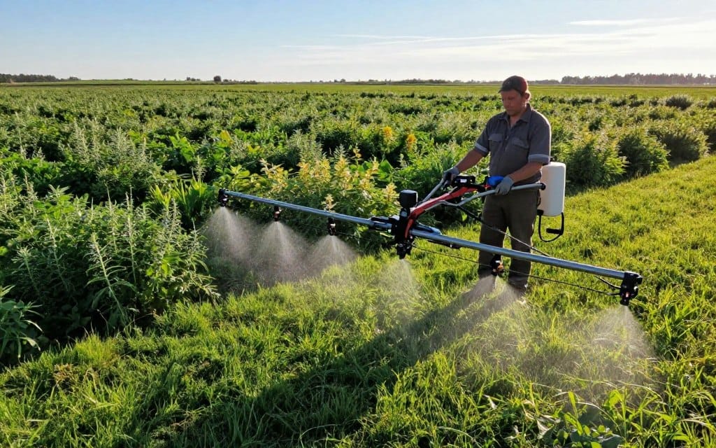 Aerial view of a lush green lawn surrounded by various weeds, showcasing an advanced herbicide application process. In the foreground, a precision sprayer is applying herbicide evenly, with droplets glistening in the sunlight. The operator, dressed in professional outdoor gear—shirt, pants, and safety gloves—concentrates on the task, ensuring optimal coverage. In the middle, diverse weed species are visible, illustrating the challenge of weed management. The background features a clear blue sky and a distant field, symbolizing the agricultural context. Warm, natural sunlight casts soft shadows, creating a serene but focused atmosphere around the weed management efforts, emphasizing the importance of effective herbicide application techniques. Aerial view of a lush green lawn surrounded by various weeds, showcasing an advanced herbicide application process. In the foreground, a precision sprayer is applying herbicide evenly, with droplets glistening in the sunlight. The operator, dressed in professional outdoor gear—shirt, pants, and safety gloves—concentrates on the task, ensuring optimal coverage. In the middle, diverse weed species are visible, illustrating the challenge of weed management. The background features a clear blue sky and a distant field, symbolizing the agricultural context. Warm, natural sunlight casts soft shadows, creating a serene but focused atmosphere around the weed management efforts, emphasizing the importance of effective herbicide application techniques.