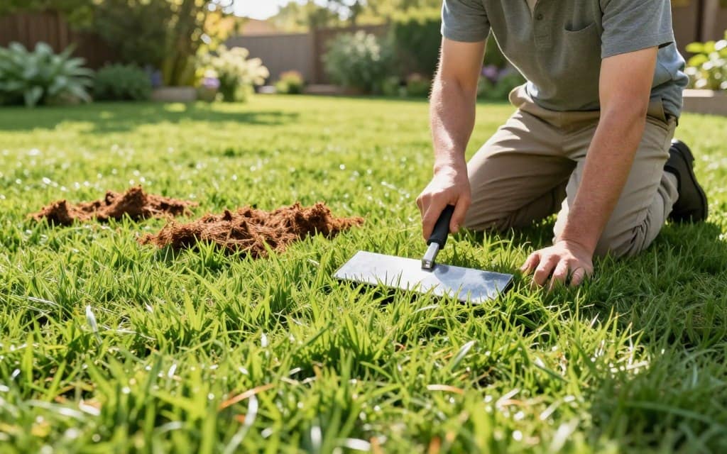 In a lush green lawn, a professional in modest casual attire is kneeling on the grass, carefully using a specialized thatch measuring tool to assess the thickness of thatch. The foreground highlights the lawn's vibrant grass blades, juxtaposed with the tool's metallic surface reflecting sunlight. In the middle ground, patches of thatch are visible, showcasing differing levels of thickness, and the technician is focused on their task, illustrating the importance of dethatching for healthy grass growth. The background features a well-maintained garden and soft sunlight filtering through trees, creating a serene and informative atmosphere. A wide-angle view captures the essence of lawn care, emphasizing precision and attention to detail in a bright and inviting setting. In a lush green lawn, a professional in modest casual attire is kneeling on the grass, carefully using a specialized thatch measuring tool to assess the thickness of thatch. The foreground highlights the lawn's vibrant grass blades, juxtaposed with the tool's metallic surface reflecting sunlight. In the middle ground, patches of thatch are visible, showcasing differing levels of thickness, and the technician is focused on their task, illustrating the importance of dethatching for healthy grass growth. The background features a well-maintained garden and soft sunlight filtering through trees, creating a serene and informative atmosphere. A wide-angle view captures the essence of lawn care, emphasizing precision and attention to detail in a bright and inviting setting.