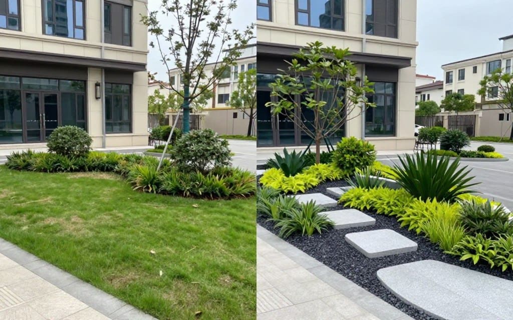 Before and after comparison of commercial property transformation through professional landscape design in Dyer Before and after comparison of commercial property transformation through professional landscape design in Dyer