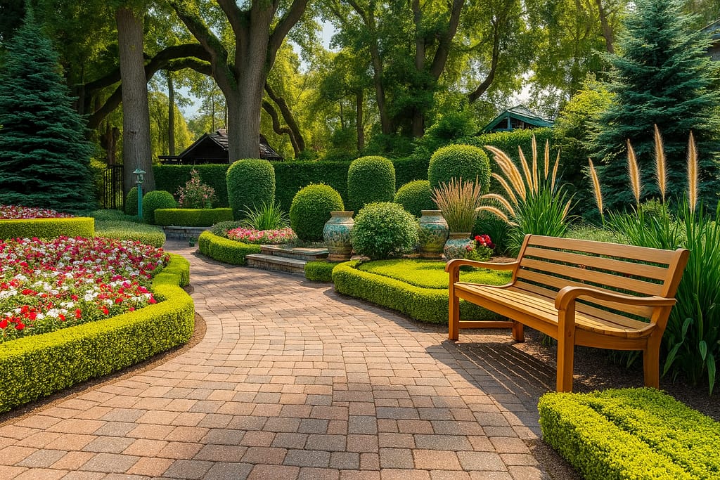A garden landscape showcasing a bench and an array of blooming flowers, perfect for enjoying the outdoors.