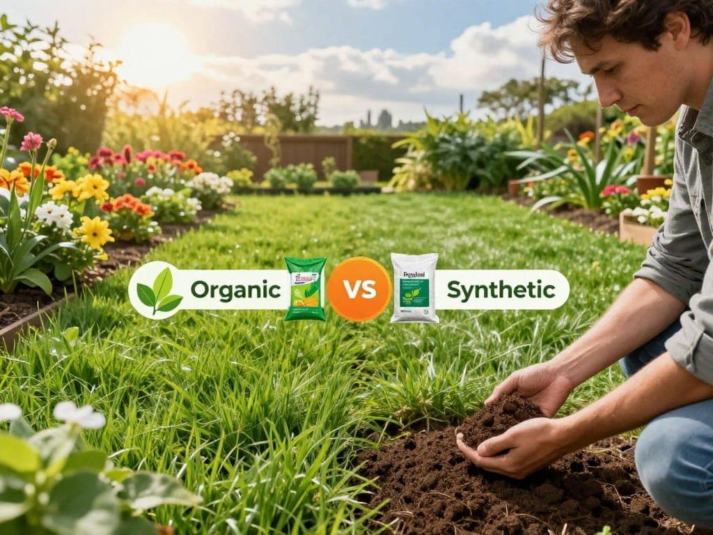 A divided garden scene showcasing two distinct sections: one side vibrant and lush with organic lawn fertilizer, featuring healthy, deep green grass and colorful flowers, while the other side is slightly less vibrant, representing synthetic lawn fertilizer with a more uniform grass color and fewer plants. In the foreground, a gardener in modest casual clothing examines soil samples, depicting the benefits of both fertilization styles. In the middle, clear dividing lines with labels indicating "Organic" and "Synthetic" options, illustrated with colorful, organic materials like compost and natural nutrients contrasted against chemical fertilizer bags. The background features a sunny day sky with soft clouds, casting warm natural light across the scene, creating a balanced atmosphere of growth and inquiry. A divided garden scene showcasing two distinct sections: one side vibrant and lush with organic lawn fertilizer, featuring healthy, deep green grass and colorful flowers, while the other side is slightly less vibrant, representing synthetic lawn fertilizer with a more uniform grass color and fewer plants. In the foreground, a gardener in modest casual clothing examines soil samples, depicting the benefits of both fertilization styles. In the middle, clear dividing lines with labels indicating "Organic" and "Synthetic" options, illustrated with colorful, organic materials like compost and natural nutrients contrasted against chemical fertilizer bags. The background features a sunny day sky with soft clouds, casting warm natural light across the scene, creating a balanced atmosphere of growth and inquiry.