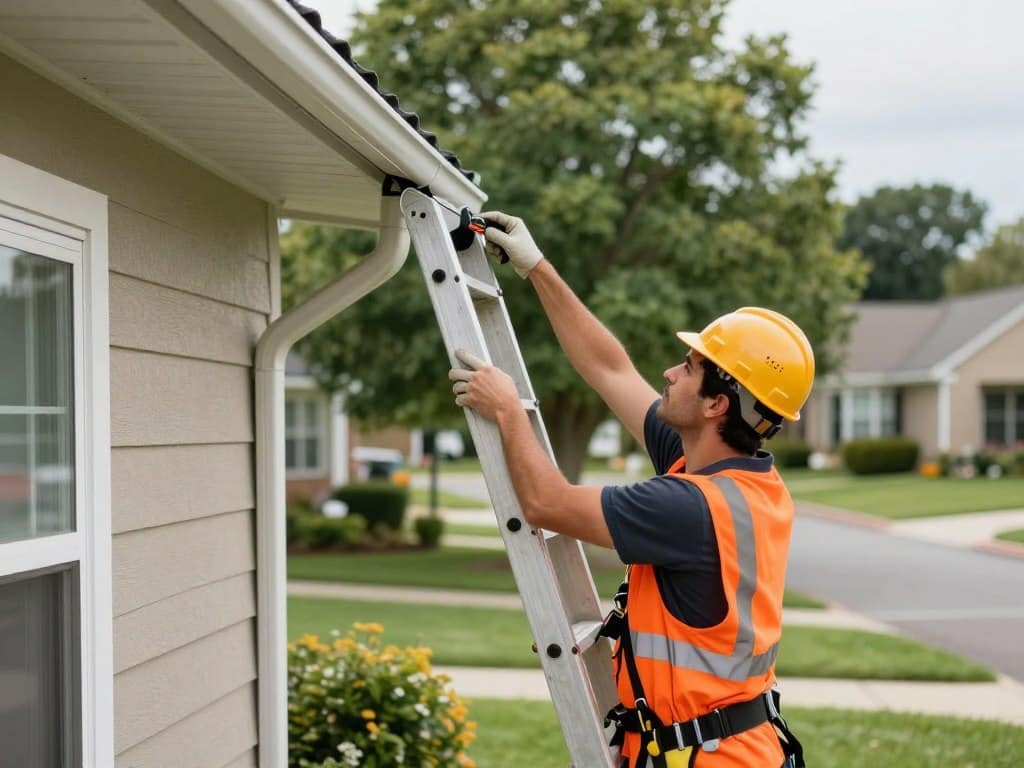A professional gutter cleaning service in action, highlighting the importance of safety. In the foreground, a technician, wearing a bright orange safety vest and hard hat, carefully inspects a residential gutter system using specialized tools. The middle layer features a sturdy ladder leaning against the house, with safety harnesses visibly attached, emphasizing safe practices. In the background, a suburban neighborhood with lush trees and well-maintained homes showcases a typical setting for gutter cleaning. Soft, natural lighting casts gentle shadows, enhancing the clarity of the scene. The atmosphere conveys professionalism and caution, underscoring the expertise of the technicians while avoiding any ladder risks, presenting a clear visual message about the value of hiring professionals for gutter maintenance. A professional gutter cleaning service in action, highlighting the importance of safety. In the foreground, a technician, wearing a bright orange safety vest and hard hat, carefully inspects a residential gutter system using specialized tools. The middle layer features a sturdy ladder leaning against the house, with safety harnesses visibly attached, emphasizing safe practices. In the background, a suburban neighborhood with lush trees and well-maintained homes showcases a typical setting for gutter cleaning. Soft, natural lighting casts gentle shadows, enhancing the clarity of the scene. The atmosphere conveys professionalism and caution, underscoring the expertise of the technicians while avoiding any ladder risks, presenting a clear visual message about the value of hiring professionals for gutter maintenance.