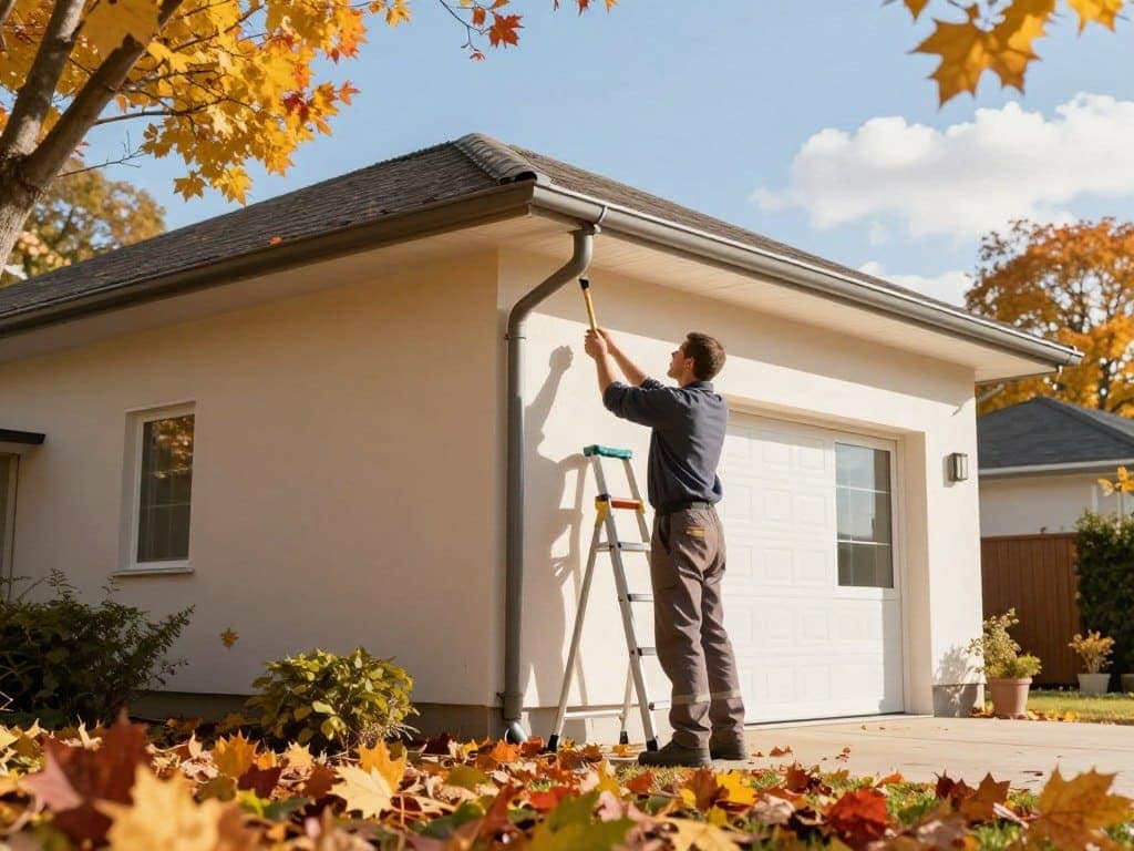 A seasonal gutter maintenance scene showcasing a professional in modest casual attire, standing safely on the ground next to a ladder. In the foreground, there should be an array of colorful autumn leaves scattered around, emphasizing the need for gutter cleaning during fall. The middle ground features a clean, modern house with well-maintained gutters, highlighting the importance of regular maintenance. Soft, warm afternoon sunlight filters through the trees, casting gentle shadows across the scene. In the background, a blue sky with a few fluffy clouds completes the atmosphere of a peaceful autumn day. The focus of the image should evoke a sense of professionalism, safety, and the necessity of seasonal gutter care. A seasonal gutter maintenance scene showcasing a professional in modest casual attire, standing safely on the ground next to a ladder. In the foreground, there should be an array of colorful autumn leaves scattered around, emphasizing the need for gutter cleaning during fall. The middle ground features a clean, modern house with well-maintained gutters, highlighting the importance of regular maintenance. Soft, warm afternoon sunlight filters through the trees, casting gentle shadows across the scene. In the background, a blue sky with a few fluffy clouds completes the atmosphere of a peaceful autumn day. The focus of the image should evoke a sense of professionalism, safety, and the necessity of seasonal gutter care.