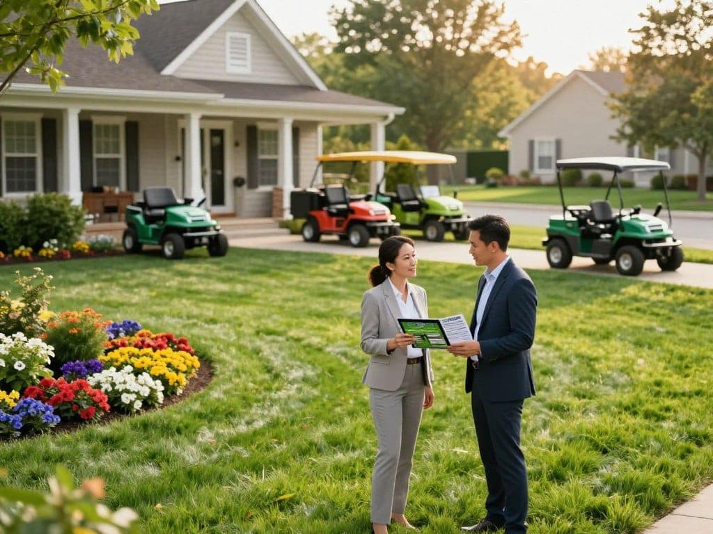 A serene suburban setting in Homewood, IL, featuring a well-manicured lawn in vibrant greens, bordered by colorful flower beds. In the foreground, two professionals in business attire, a male and a female, are engaged in a friendly discussion, examining brochures and a tablet featuring lawn care service options. The middle ground showcases a stylish home with a welcoming porch and a freshly cut lawn. In the background, a few lawn care service vehicles are parked, displaying logos of different providers. Soft afternoon sunlight casts warm tones over the scene, creating an inviting atmosphere. The angle is slightly elevated, capturing the essence of community and professionalism in lawn care selection, with a focus on collaboration and informed decision-making. A serene suburban setting in Homewood, IL, featuring a well-manicured lawn in vibrant greens, bordered by colorful flower beds. In the foreground, two professionals in business attire, a male and a female, are engaged in a friendly discussion, examining brochures and a tablet featuring lawn care service options. The middle ground showcases a stylish home with a welcoming porch and a freshly cut lawn. In the background, a few lawn care service vehicles are parked, displaying logos of different providers. Soft afternoon sunlight casts warm tones over the scene, creating an inviting atmosphere. The angle is slightly elevated, capturing the essence of community and professionalism in lawn care selection, with a focus on collaboration and informed decision-making.