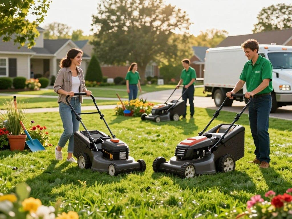 A split-scene showing the contrast between DIY and professional lawn maintenance. On the left, depict a homeowner in casual clothing, joyfully mowing a pristine lawn with a push mower, surrounded by gardening tools, colorful flowers, and a cheerful atmosphere. On the right, illustrate a team of professional landscapers in matching uniforms, skillfully operating advanced lawn care equipment, with a landscape truck parked in the background. The scene is set during golden hour, with warm sunlight casting soft shadows, enhancing the verdant greens and vibrant floral colors. The background features well-manicured homes typical of Homewood, IL, adding to the appeal. This image captures the juxtaposition of personal effort versus professional expertise in lawn care. A split-scene showing the contrast between DIY and professional lawn maintenance. On the left, depict a homeowner in casual clothing, joyfully mowing a pristine lawn with a push mower, surrounded by gardening tools, colorful flowers, and a cheerful atmosphere. On the right, illustrate a team of professional landscapers in matching uniforms, skillfully operating advanced lawn care equipment, with a landscape truck parked in the background. The scene is set during golden hour, with warm sunlight casting soft shadows, enhancing the verdant greens and vibrant floral colors. The background features well-manicured homes typical of Homewood, IL, adding to the appeal. This image captures the juxtaposition of personal effort versus professional expertise in lawn care.