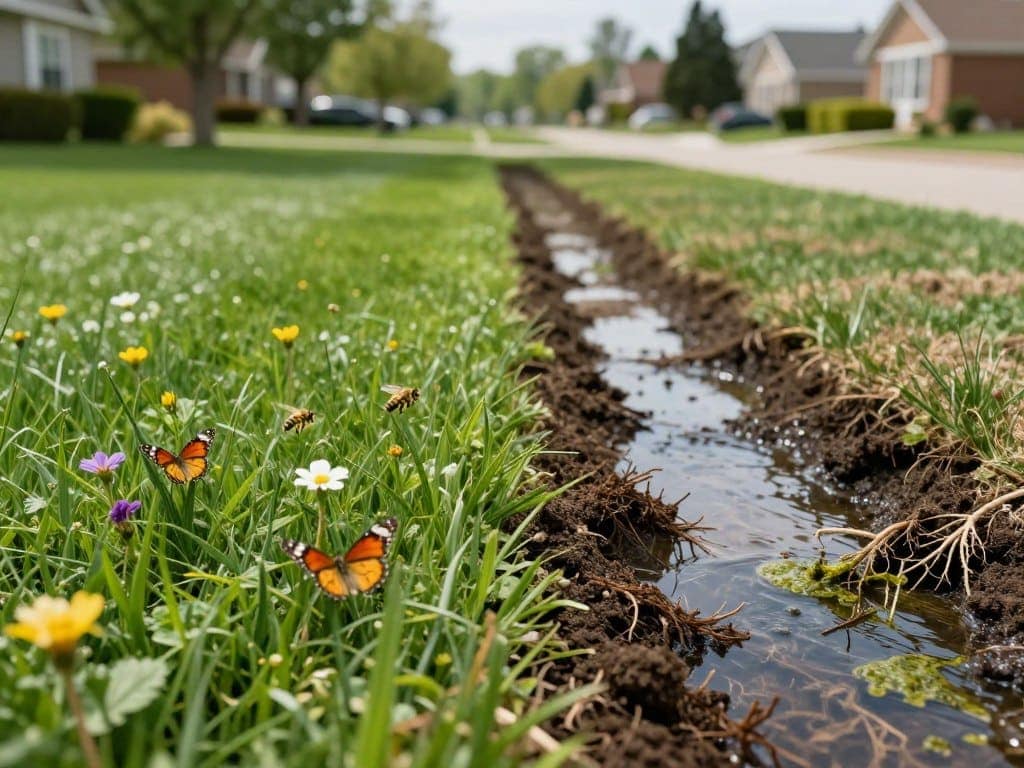 A splitscreen image showcasing the environmental impact of lawn fertilizers. In the foreground, a vibrant, lush lawn thriving with organic fertilizer, dotted with flowering plants, attracting butterflies and honeybees, representing biodiversity. In contrast, the other half shows a dull, stark lawn treated with synthetic fertilizer, with brown patches, and a small stream nearby exhibiting signs of pollution, like discolored water and algae. In the middle ground, depict a subtle transition, with contrasting soil health, showcasing differences in root systems—healthy roots on the organic side and struggling roots on the synthetic side. The background features a serene suburban neighborhood to convey a familiar setting. Use natural lighting to enhance the contrast between the two sides, creating a calm yet thought-provoking atmosphere, captured with a wide-angle lens for an expansive view. A splitscreen image showcasing the environmental impact of lawn fertilizers. In the foreground, a vibrant, lush lawn thriving with organic fertilizer, dotted with flowering plants, attracting butterflies and honeybees, representing biodiversity. In contrast, the other half shows a dull, stark lawn treated with synthetic fertilizer, with brown patches, and a small stream nearby exhibiting signs of pollution, like discolored water and algae. In the middle ground, depict a subtle transition, with contrasting soil health, showcasing differences in root systems—healthy roots on the organic side and struggling roots on the synthetic side. The background features a serene suburban neighborhood to convey a familiar setting. Use natural lighting to enhance the contrast between the two sides, creating a calm yet thought-provoking atmosphere, captured with a wide-angle lens for an expansive view.