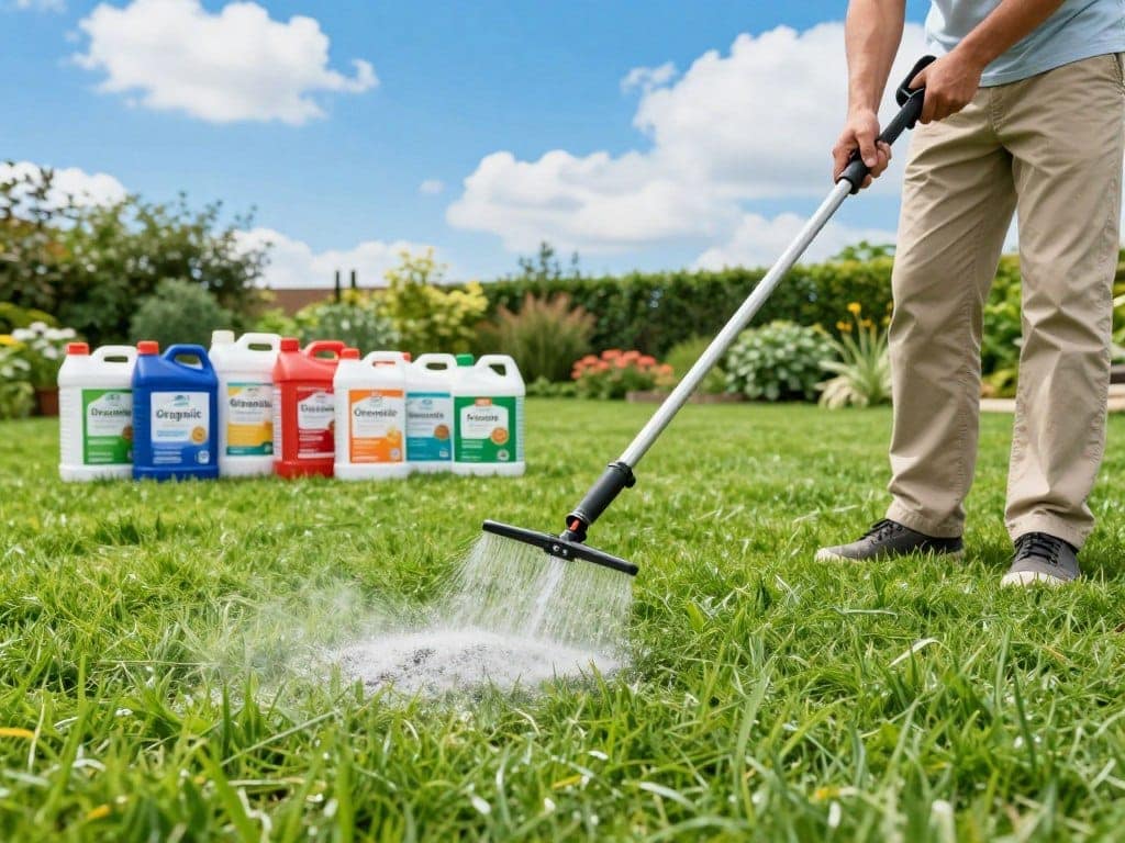 A vibrant, educational scene demonstrating lawn fertilizer application techniques. In the foreground, a professional in modest casual clothing uses a hand-held spreader to evenly distribute organic fertilizer across a lush, green lawn. In the middle ground, a variety of organic and synthetic fertilizers are neatly arranged, showcasing the colors and textures of each type. The background features a well-maintained garden with a vivid blue sky and soft clouds, creating a bright and inviting atmosphere. The scene is well-lit, emphasizing the richness of the grass and fertilizers. The angle is a slightly elevated view, offering a comprehensive perspective of the application process, while maintaining a focus on sustainability and effective techniques for lawn care. A vibrant, educational scene demonstrating lawn fertilizer application techniques. In the foreground, a professional in modest casual clothing uses a hand-held spreader to evenly distribute organic fertilizer across a lush, green lawn. In the middle ground, a variety of organic and synthetic fertilizers are neatly arranged, showcasing the colors and textures of each type. The background features a well-maintained garden with a vivid blue sky and soft clouds, creating a bright and inviting atmosphere. The scene is well-lit, emphasizing the richness of the grass and fertilizers. The angle is a slightly elevated view, offering a comprehensive perspective of the application process, while maintaining a focus on sustainability and effective techniques for lawn care.