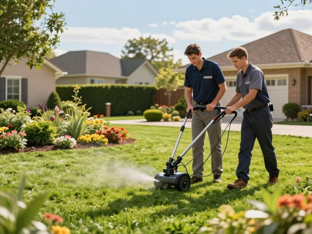 A vibrant scene showcasing a professional aeration service team working on a lush, green lawn. In the foreground, two technicians wearing matching professional attire are using an aerator machine, focused and engaged in their task. The middle ground features a well-maintained garden with colorful flower beds and neatly trimmed hedges, indicating excellent lawn care. In the background, a suburban environment with charming homes and trees under a clear blue sky bathed in warm sunlight creates an inviting atmosphere. The image should convey a sense of professionalism, expertise, and the transformative effects of aeration on lawn health. Use a slightly low angle to highlight the technicians and the aeration process vividly, with soft natural lighting enhancing the appeal. A vibrant scene showcasing a professional aeration service team working on a lush, green lawn. In the foreground, two technicians wearing matching professional attire are using an aerator machine, focused and engaged in their task. The middle ground features a well-maintained garden with colorful flower beds and neatly trimmed hedges, indicating excellent lawn care. In the background, a suburban environment with charming homes and trees under a clear blue sky bathed in warm sunlight creates an inviting atmosphere. The image should convey a sense of professionalism, expertise, and the transformative effects of aeration on lawn health. Use a slightly low angle to highlight the technicians and the aeration process vividly, with soft natural lighting enhancing the appeal.