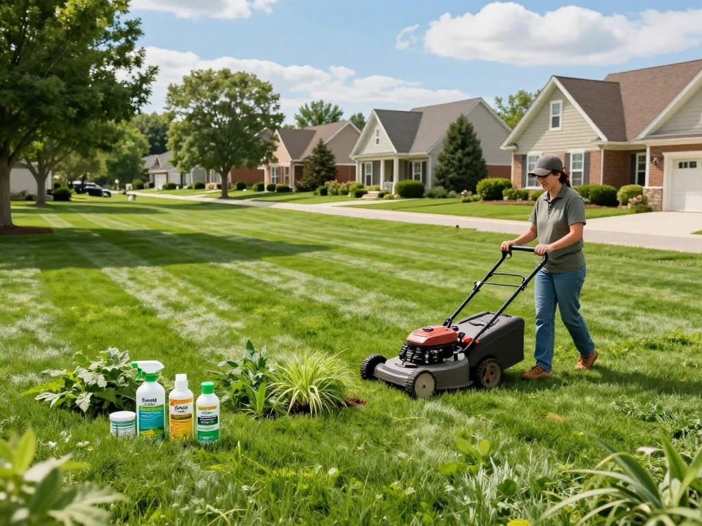 A vibrant suburban lawn in Homewood, IL, showcasing effective mowing and weed control methods. In the foreground, a well-manicured lawn is depicted with a professional landscaper in modest casual clothing using a high-quality push mower. Scattered weeds are visibly targeted with eco-friendly weed control products, arranged neatly beside the mower. The middle ground features neatly striped grass patterns, highlighting the precision of mowing techniques. In the background, a picturesque neighborhood with charming homes and lush gardens under a bright blue sky. Soft natural lighting casts gentle shadows, while the camera angle is a slightly elevated perspective capturing the entire landscape. The overall mood is fresh, inviting, and inspirational, emphasizing the importance of lawn maintenance for curb appeal. A vibrant suburban lawn in Homewood, IL, showcasing effective mowing and weed control methods. In the foreground, a well-manicured lawn is depicted with a professional landscaper in modest casual clothing using a high-quality push mower. Scattered weeds are visibly targeted with eco-friendly weed control products, arranged neatly beside the mower. The middle ground features neatly striped grass patterns, highlighting the precision of mowing techniques. In the background, a picturesque neighborhood with charming homes and lush gardens under a bright blue sky. Soft natural lighting casts gentle shadows, while the camera angle is a slightly elevated perspective capturing the entire landscape. The overall mood is fresh, inviting, and inspirational, emphasizing the importance of lawn maintenance for curb appeal.