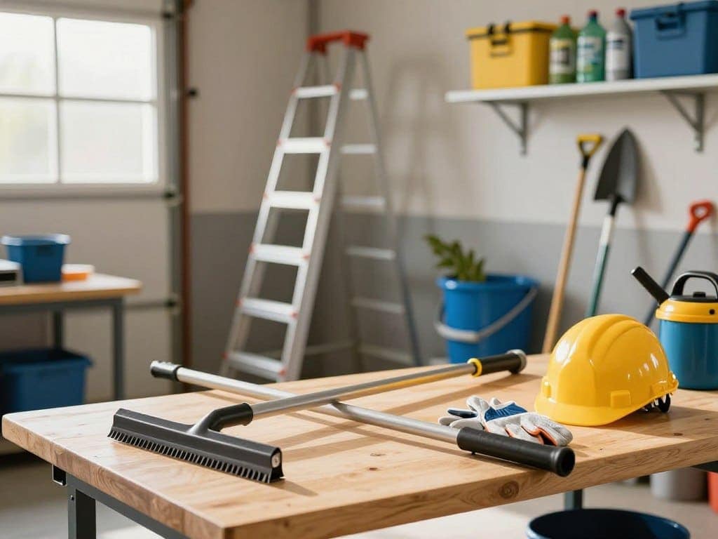A well-organized array of gutter cleaning tools displayed on a sturdy workbench in a well-lit garage setting. In the foreground, prominently feature a long-handled gutter cleaner with a scoop and a high-reaching pole, alongside a pair of durable gloves and a safety helmet. In the middle, include a sturdy ladder leaning against the wall, with additional tools like a trowel, a bucket, and a leaf blower neatly arranged. The background should show shelves stacked with cleaning supplies and storage boxes, illuminated by warm, natural light streaming through a window. The scene conveys a practical and professional atmosphere, emphasizing safety and readiness for gutter cleaning tasks, creating a sense of order and utility. A well-organized array of gutter cleaning tools displayed on a sturdy workbench in a well-lit garage setting. In the foreground, prominently feature a long-handled gutter cleaner with a scoop and a high-reaching pole, alongside a pair of durable gloves and a safety helmet. In the middle, include a sturdy ladder leaning against the wall, with additional tools like a trowel, a bucket, and a leaf blower neatly arranged. The background should show shelves stacked with cleaning supplies and storage boxes, illuminated by warm, natural light streaming through a window. The scene conveys a practical and professional atmosphere, emphasizing safety and readiness for gutter cleaning tasks, creating a sense of order and utility.