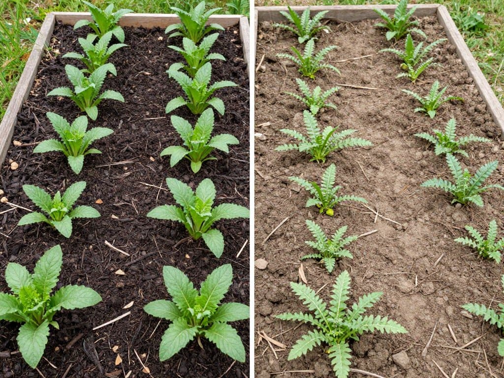 Close-up comparison of healthy mulched garden bed versus unmulched soil showing moisture retention and weed prevention benefits Close-up comparison of healthy mulched garden bed versus unmulched soil showing moisture retention and weed prevention benefits
