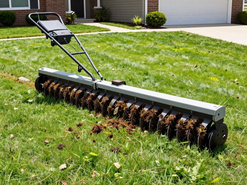 Professional dethatching machine working on residential lawn in Homewood Professional dethatching machine working on residential lawn in Homewood