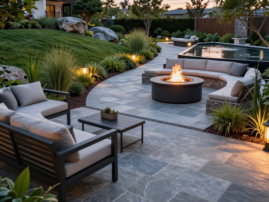 A beautifully designed outdoor space that exemplifies essential hardscape design principles. In the foreground, a stylish stone patio features a modern seating area with elegant, weather-resistant furniture. The middle ground showcases a well-defined pathway made of interlocking pavers, bordered by lush, low-maintenance landscaping. A striking fire pit with surrounding seating creates a focal point. In the background, a gentle slope is adorned with boulders and ornamental grasses, leading to a serene water feature that reflects the dusk sky. Soft, ambient lighting casts a warm glow across the scene, enhancing the inviting atmosphere. The perspective captures the harmony of hardscapes and nature, inviting viewers to envision effortless outdoor living. A beautifully designed outdoor space that exemplifies essential hardscape design principles. In the foreground, a stylish stone patio features a modern seating area with elegant, weather-resistant furniture. The middle ground showcases a well-defined pathway made of interlocking pavers, bordered by lush, low-maintenance landscaping. A striking fire pit with surrounding seating creates a focal point. In the background, a gentle slope is adorned with boulders and ornamental grasses, leading to a serene water feature that reflects the dusk sky. Soft, ambient lighting casts a warm glow across the scene, enhancing the inviting atmosphere. The perspective captures the harmony of hardscapes and nature, inviting viewers to envision effortless outdoor living.