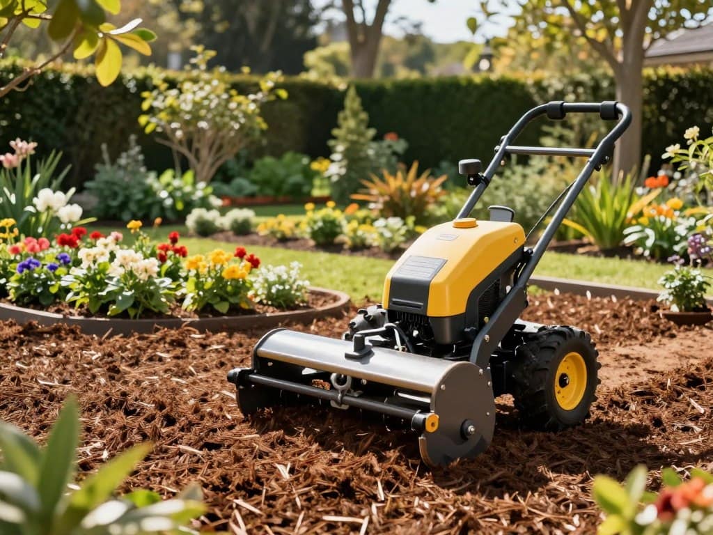 A beautifully landscaped garden featuring professional mulching equipment, prominently displayed in the foreground. The scene includes a well-maintained, gleaming mulching machine with bright colors and intricate details, emphasizing its functionality. In the middle ground, freshly laid mulch surrounds vibrant flower beds and lush greenery, showcasing the precision of the mulch installation process. The background features tall trees and shrubs, softly blurred to create depth, with warm, natural sunlight filtering through the leaves, casting gentle shadows on the ground. The overall mood is one of professionalism and diligence, highlighting a serene yet industrious garden atmosphere. The image should be captured from a slightly elevated angle, showcasing both the equipment and the beautifully organized space around it, all without any captions or text. A beautifully landscaped garden featuring professional mulching equipment, prominently displayed in the foreground. The scene includes a well-maintained, gleaming mulching machine with bright colors and intricate details, emphasizing its functionality. In the middle ground, freshly laid mulch surrounds vibrant flower beds and lush greenery, showcasing the precision of the mulch installation process. The background features tall trees and shrubs, softly blurred to create depth, with warm, natural sunlight filtering through the leaves, casting gentle shadows on the ground. The overall mood is one of professionalism and diligence, highlighting a serene yet industrious garden atmosphere. The image should be captured from a slightly elevated angle, showcasing both the equipment and the beautifully organized space around it, all without any captions or text.