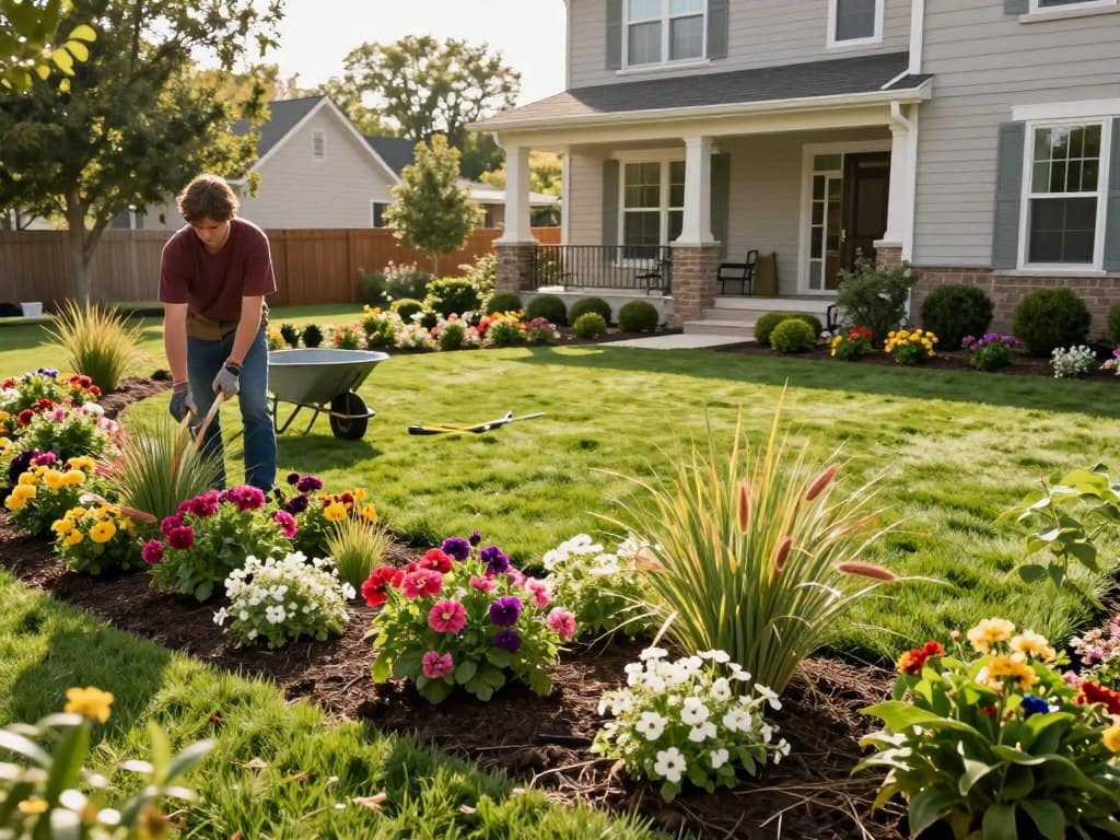 A beautifully landscaped residential yard showcasing professional landscaping work in progress. In the foreground, a skilled landscaper wearing casual work attire carefully arranges vibrant flower beds, featuring a mix of colorful perennials and ornamental grasses. In the middle ground, freshly laid sod stretches across the yard, bordered by neatly trimmed shrubbery. Garden tools like a wheelbarrow and pruning shears are scattered nearby, hinting at hard work and dedication. In the background, a modern two-story home with a welcoming porch and well-maintained exterior complements the lush greenery. The scene is bathed in warm, natural sunlight, creating a cheerful and inviting atmosphere. The lens captures a slightly elevated angle, showcasing the transformation of the outdoor space, evoking a sense of harmony and aesthetic appeal. A beautifully landscaped residential yard showcasing professional landscaping work in progress. In the foreground, a skilled landscaper wearing casual work attire carefully arranges vibrant flower beds, featuring a mix of colorful perennials and ornamental grasses. In the middle ground, freshly laid sod stretches across the yard, bordered by neatly trimmed shrubbery. Garden tools like a wheelbarrow and pruning shears are scattered nearby, hinting at hard work and dedication. In the background, a modern two-story home with a welcoming porch and well-maintained exterior complements the lush greenery. The scene is bathed in warm, natural sunlight, creating a cheerful and inviting atmosphere. The lens captures a slightly elevated angle, showcasing the transformation of the outdoor space, evoking a sense of harmony and aesthetic appeal.