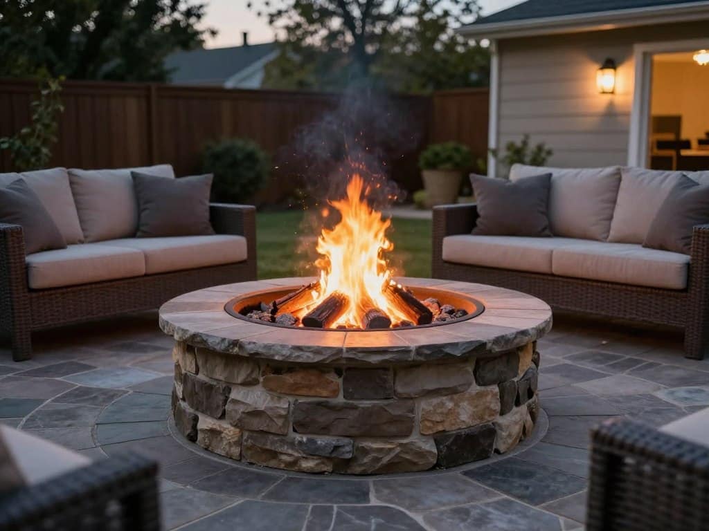 A cozy backyard scene at dusk featuring a custom circular stone fire pit with glowing embers, surrounded by a flagstone patio and comfortable seating, high resolution, warm atmospheric lighting. A cozy backyard scene at dusk featuring a custom circular stone fire pit with glowing embers, surrounded by a flagstone patio and comfortable seating, high resolution, warm atmospheric lighting.