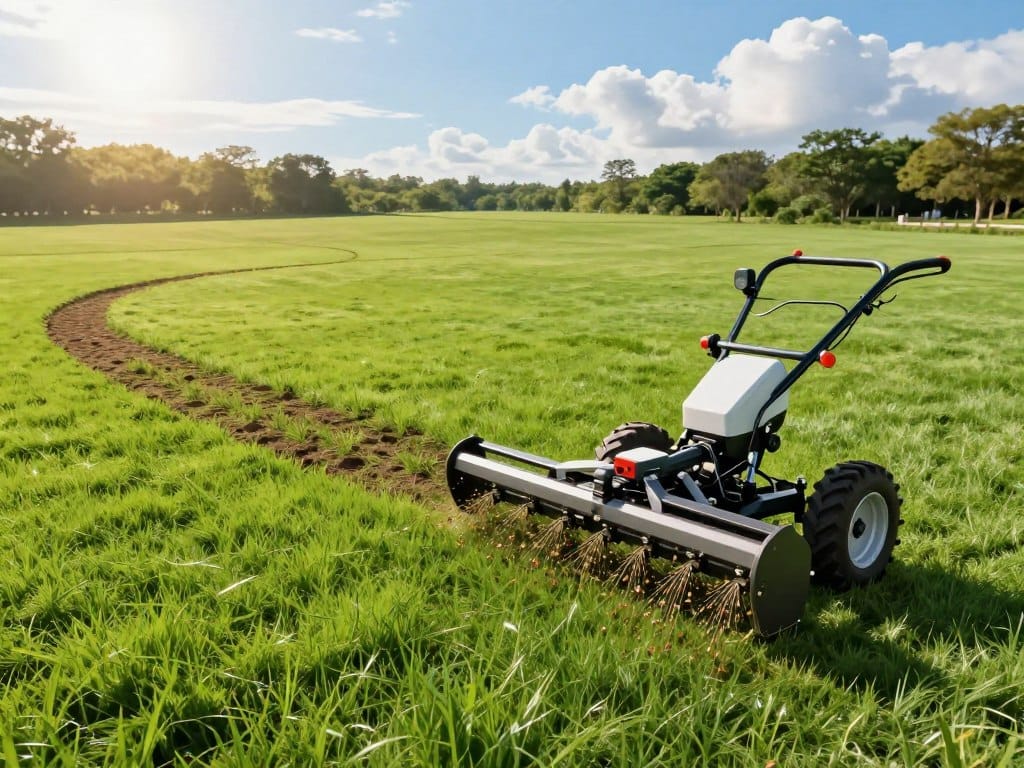 A detailed and informative illustration depicting the process of power seeding in a lush green landscape. In the foreground, show a modern power seeder machine in action, with seeds being dispersed onto a freshly prepared lawn. The middle ground features a vibrant, healthy grass plot showcasing the contrast between areas before and after power seeding. The background should display a serene, sunny day with a few fluffy clouds and trees lining the horizon, suggesting an ideal environment for growth. Use bright, natural lighting to emphasize the vitality of the grass and the equipment. Capture the scene from a slightly elevated angle to provide depth, while conveying a hopeful and optimistic atmosphere that celebrates effective lawn care techniques. A detailed and informative illustration depicting the process of power seeding in a lush green landscape. In the foreground, show a modern power seeder machine in action, with seeds being dispersed onto a freshly prepared lawn. The middle ground features a vibrant, healthy grass plot showcasing the contrast between areas before and after power seeding. The background should display a serene, sunny day with a few fluffy clouds and trees lining the horizon, suggesting an ideal environment for growth. Use bright, natural lighting to emphasize the vitality of the grass and the equipment. Capture the scene from a slightly elevated angle to provide depth, while conveying a hopeful and optimistic atmosphere that celebrates effective lawn care techniques.
