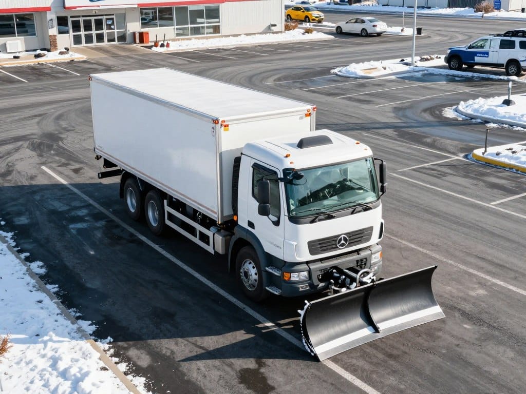 A high-angle photo of a well-maintained commercial parking lot in winter, featuring a professional truck equipped with a snowplow, clear pavement, and safety-focused maintenance services during daylight. A high-angle photo of a well-maintained commercial parking lot in winter, featuring a professional truck equipped with a snowplow, clear pavement, and safety-focused maintenance services during daylight.