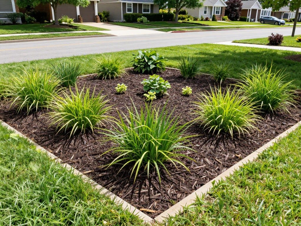A high-quality image of a beautifully mulched garden bed with clean edges, vibrant green plants, and rich dark organic mulch on a sunny day in a suburban American neighborhood. A high-quality image of a beautifully mulched garden bed with clean edges, vibrant green plants, and rich dark organic mulch on a sunny day in a suburban American neighborhood.