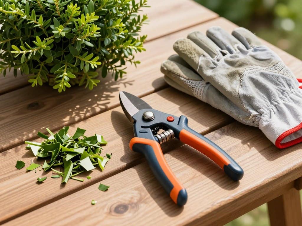 A high-quality pair of sharp bypass pruners lying on a wooden garden table next to a pair of leather work gloves and some fresh green shrub clippings, natural sunlight, professional gardening photography style. A high-quality pair of sharp bypass pruners lying on a wooden garden table next to a pair of leather work gloves and some fresh green shrub clippings, natural sunlight, professional gardening photography style.