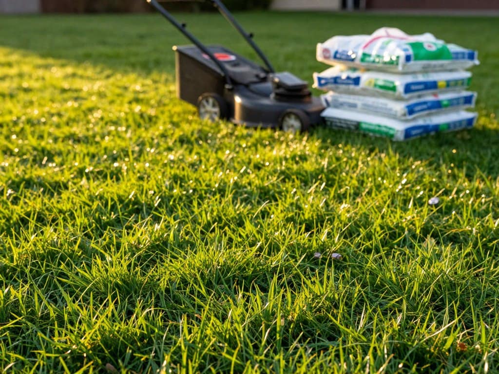 A high-quality photo of a lush green lawn in the autumn with a lawn spreader and bags of fertilizer in the background, soft golden hour sunlight, focus on healthy blades of grass, 4k resolution. A high-quality photo of a lush green lawn in the autumn with a lawn spreader and bags of fertilizer in the background, soft golden hour sunlight, focus on healthy blades of grass, 4k resolution.