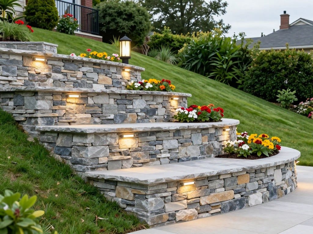 A high-quality photo of a tiered stone retaining wall on a lush backyard slope with integrated landscape lighting and colorful flower beds, professional masonry work, daytime setting. A high-quality photo of a tiered stone retaining wall on a lush backyard slope with integrated landscape lighting and colorful flower beds, professional masonry work, daytime setting.
