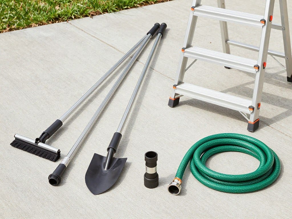 A high-quality photo of a variety of gutter cleaning tools and attachments, including a telescopic wand, a garden trowel, and a hose attachment, laid out on a clean driveway next to a ladder. A high-quality photo of a variety of gutter cleaning tools and attachments, including a telescopic wand, a garden trowel, and a hose attachment, laid out on a clean driveway next to a ladder.