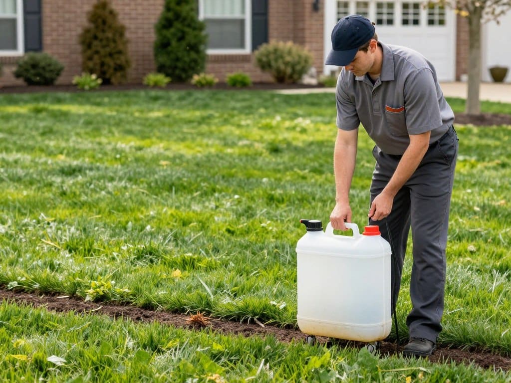 A high-quality, photorealistic image of a lush, deep green American residential lawn during early spring, featuring a professional lawn care technician in a uniform precisely applying a liquid pre-emergent barrier to the soil, soft morning sunlight, 8k resolution. A high-quality, photorealistic image of a lush, deep green American residential lawn during early spring, featuring a professional lawn care technician in a uniform precisely applying a liquid pre-emergent barrier to the soil, soft morning sunlight, 8k resolution.
