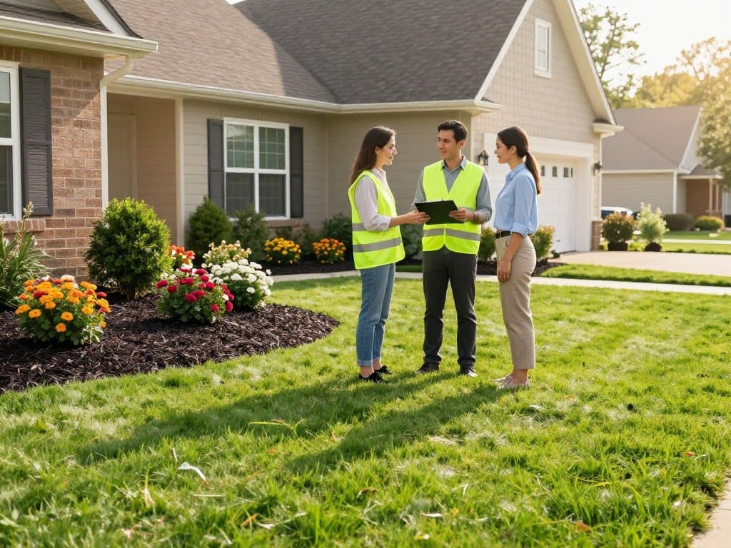 A high-quality, wide-angle photo of a professional landscaper in a bright vest handing a clipboard to a homeowner in a beautiful suburban yard. The scene features lush green grass and freshly installed dark mulch around flowering shrubs, with soft morning sunlight illuminating the landscape. A high-quality, wide-angle photo of a professional landscaper in a bright vest handing a clipboard to a homeowner in a beautiful suburban yard. The scene features lush green grass and freshly installed dark mulch around flowering shrubs, with soft morning sunlight illuminating the landscape.