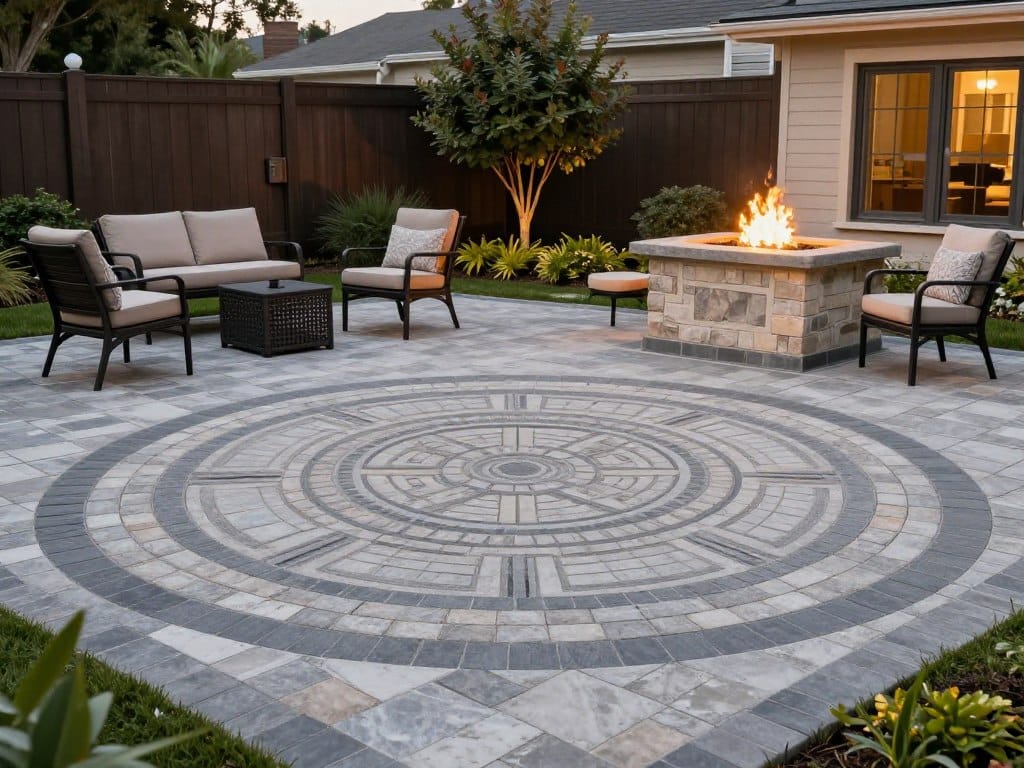 A high-resolution image of a luxurious backyard paver patio featuring a circular medallion design, comfortable outdoor furniture, a built-in fire pit, and professional landscaping under warm evening lighting, photo-realistic. A high-resolution image of a luxurious backyard paver patio featuring a circular medallion design, comfortable outdoor furniture, a built-in fire pit, and professional landscaping under warm evening lighting, photo-realistic.