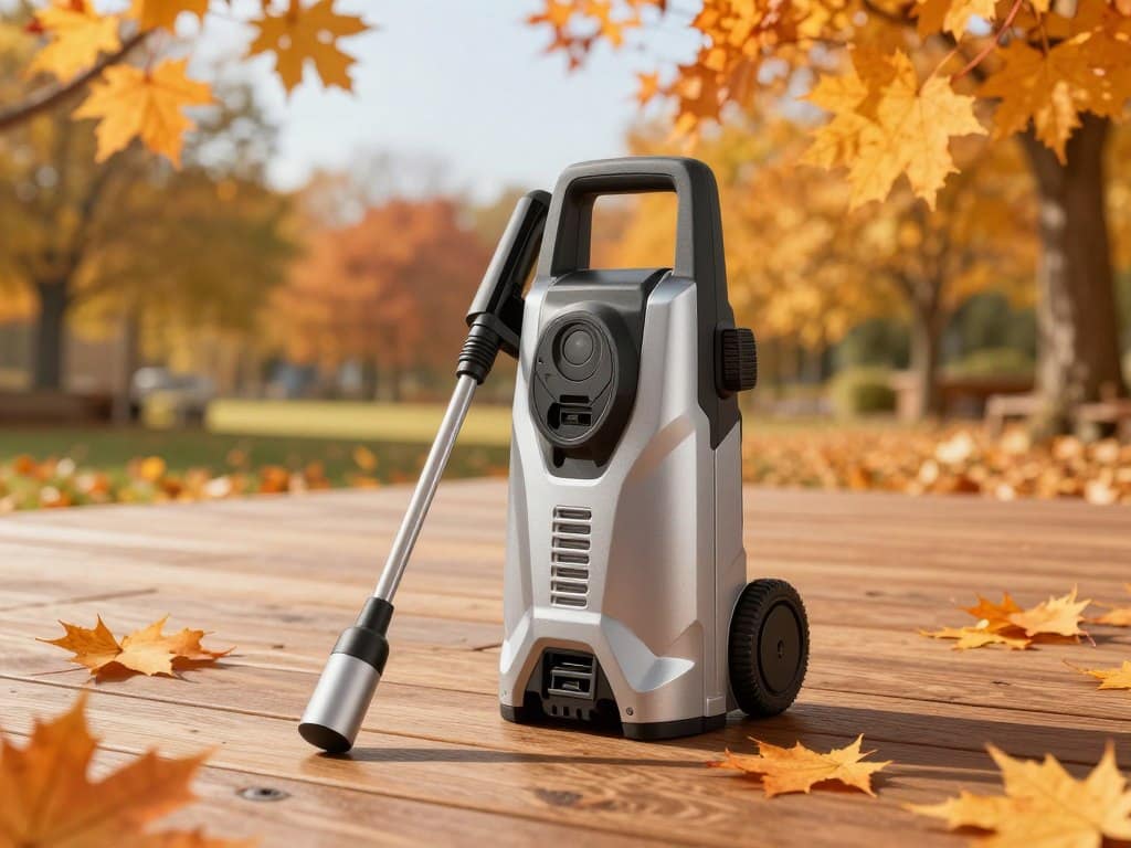 A high-resolution image of a modern pressure washer sitting on a clean wooden deck during a bright autumn afternoon, surrounded by scattered orange maple leaves, professional photography style. A high-resolution image of a modern pressure washer sitting on a clean wooden deck during a bright autumn afternoon, surrounded by scattered orange maple leaves, professional photography style.