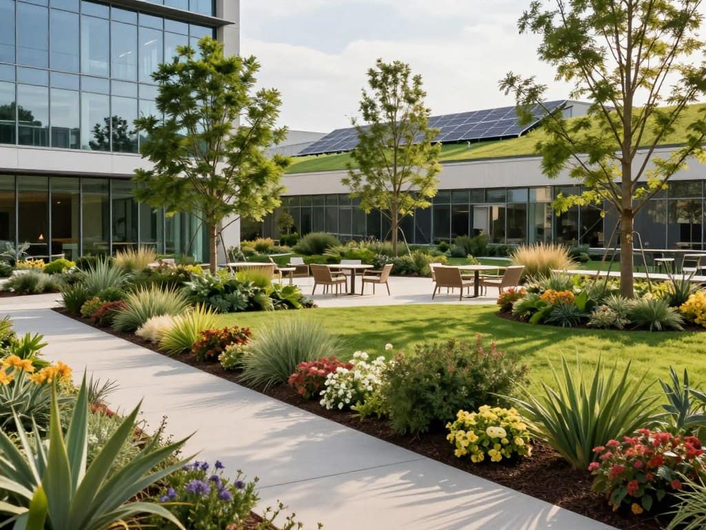 A modern commercial landscape design showcasing sustainable greenery. In the foreground, a well-maintained path lined with native plants and colorful flowering shrubs leads to a contemporary office building with large glass windows reflecting the sky. The middle ground features a spacious outdoor seating area with eco-friendly furniture surrounded by lush grass and strategically placed trees that provide shade. In the background, a green roof with solar panels sits atop the building, enhancing the sustainable theme. Emphasize warm, natural lighting that highlights the vibrant greens and earth tones of the landscaping. Capture the scene from a slightly elevated angle to convey depth and the organized layout, creating a welcoming and professional atmosphere that conveys the positive impacts of thoughtful landscape design on businesses. A modern commercial landscape design showcasing sustainable greenery. In the foreground, a well-maintained path lined with native plants and colorful flowering shrubs leads to a contemporary office building with large glass windows reflecting the sky. The middle ground features a spacious outdoor seating area with eco-friendly furniture surrounded by lush grass and strategically placed trees that provide shade. In the background, a green roof with solar panels sits atop the building, enhancing the sustainable theme. Emphasize warm, natural lighting that highlights the vibrant greens and earth tones of the landscaping. Capture the scene from a slightly elevated angle to convey depth and the organized layout, creating a welcoming and professional atmosphere that conveys the positive impacts of thoughtful landscape design on businesses.