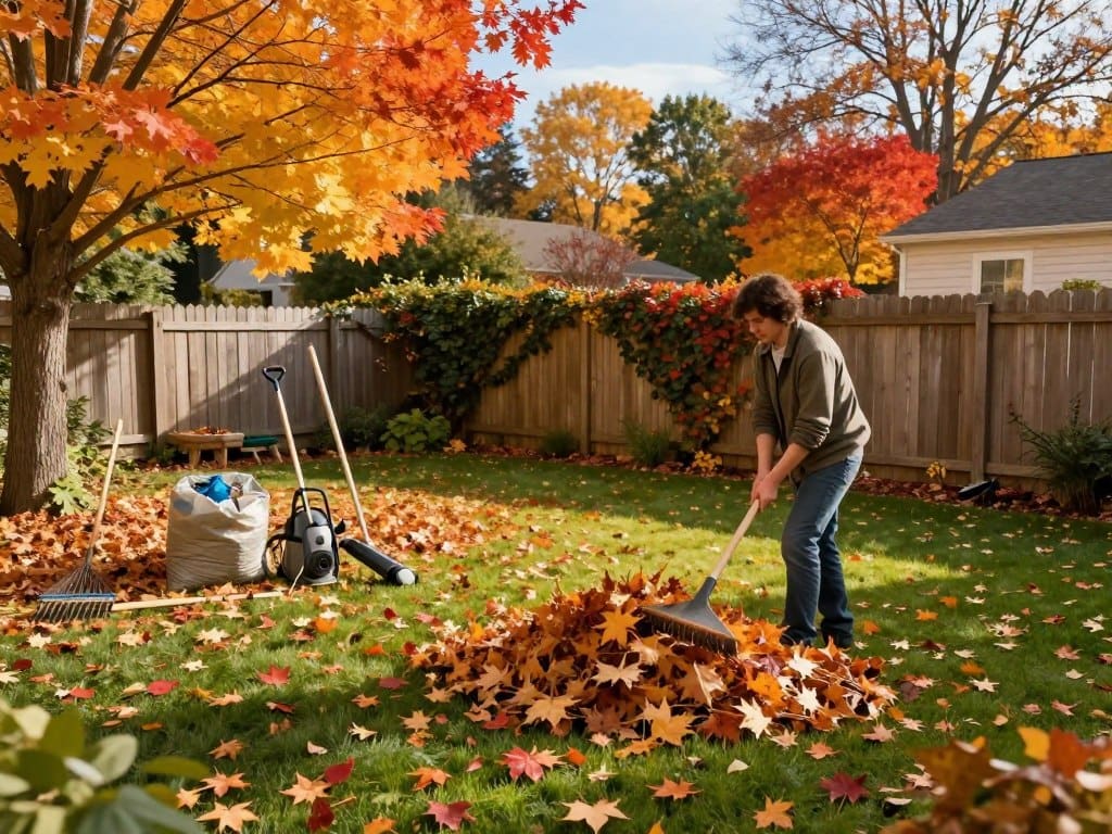 A peaceful residential backyard in autumn, filled with vibrant shades of orange, yellow, and red leaves scattered across a well-kept lawn. In the foreground, a person in modest casual clothing is raking leaves into a neat pile, showcasing action and effort. The middle ground features a variety of garden tools — a rake, a leaf blower, and a garbage bag full of yard debris. In the background, a charming wooden fence is partially covered by creeping ivy, with a clear blue sky above. Soft, warm sunlight filters through the trees, creating a serene atmosphere. The image is captured with a slightly elevated angle to emphasize the dimensions of the yard, highlighting both the chores at hand and the beauty of the autumn season. A peaceful residential backyard in autumn, filled with vibrant shades of orange, yellow, and red leaves scattered across a well-kept lawn. In the foreground, a person in modest casual clothing is raking leaves into a neat pile, showcasing action and effort. The middle ground features a variety of garden tools — a rake, a leaf blower, and a garbage bag full of yard debris. In the background, a charming wooden fence is partially covered by creeping ivy, with a clear blue sky above. Soft, warm sunlight filters through the trees, creating a serene atmosphere. The image is captured with a slightly elevated angle to emphasize the dimensions of the yard, highlighting both the chores at hand and the beauty of the autumn season.