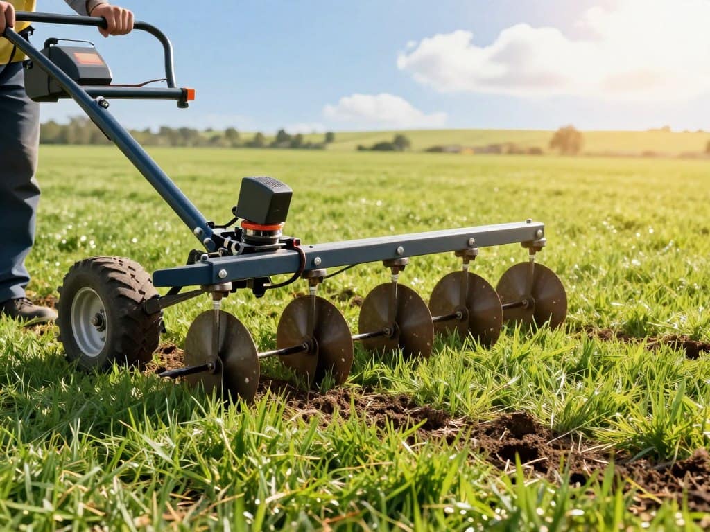 A power seeding machine in action on a lush green lawn, showcasing its rotating seed disc and aeration spikes. In the foreground, the machine's details are highlighted, including the sturdy wheels and the precise seed distribution mechanism. The middle ground features freshly aerated soil patches, visible seed holes, and scattered grass seeds, demonstrating its efficiency. In the background, a sunny day illuminates the scene with warm, natural light, casting soft shadows that enhance the depth of the image. A clear blue sky with a few fluffy clouds completes the serene atmosphere, creating a sense of progress and growth. The overall mood is one of optimism and revitalization, perfect for illustrating the power seeding process. A power seeding machine in action on a lush green lawn, showcasing its rotating seed disc and aeration spikes. In the foreground, the machine's details are highlighted, including the sturdy wheels and the precise seed distribution mechanism. The middle ground features freshly aerated soil patches, visible seed holes, and scattered grass seeds, demonstrating its efficiency. In the background, a sunny day illuminates the scene with warm, natural light, casting soft shadows that enhance the depth of the image. A clear blue sky with a few fluffy clouds completes the serene atmosphere, creating a sense of progress and growth. The overall mood is one of optimism and revitalization, perfect for illustrating the power seeding process.