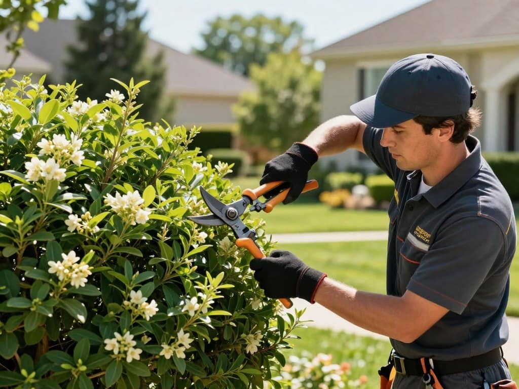 A professional arborist in a branded uniform carefully hand pruning a large, ornamental flowering shrub in a sunny, high-end American suburban backyard, using sharp professional bypass pruners, focus on the clean cut, lush green landscape in background, photorealistic style, 8k resolution. A professional arborist in a branded uniform carefully hand pruning a large, ornamental flowering shrub in a sunny, high-end American suburban backyard, using sharp professional bypass pruners, focus on the clean cut, lush green landscape in background, photorealistic style, 8k resolution.