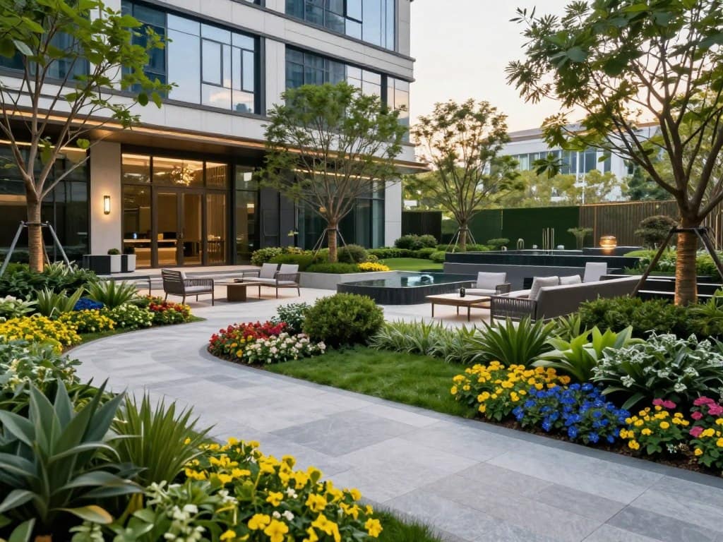 A professional commercial landscape design featuring a vibrant, well-maintained outdoor space for a modern business. In the foreground, include elegant stone pathways bordered by lush greenery and meticulously arranged flower beds in various colors. In the middle ground, showcase contemporary seating areas with stylish outdoor furniture, accompanied by charming water features. The background should exhibit a sleek corporate building with large glass windows reflecting natural light, surrounded by mature trees that offer shade and tranquility. Use soft, warm lighting to create an inviting atmosphere, capturing the essence of a successful brand. The scene is organized from a slightly elevated angle, emphasizing the layout and design elements of the landscape, while suggesting a fresh, professional ambiance ideal for attracting clients and visitors. A professional commercial landscape design featuring a vibrant, well-maintained outdoor space for a modern business. In the foreground, include elegant stone pathways bordered by lush greenery and meticulously arranged flower beds in various colors. In the middle ground, showcase contemporary seating areas with stylish outdoor furniture, accompanied by charming water features. The background should exhibit a sleek corporate building with large glass windows reflecting natural light, surrounded by mature trees that offer shade and tranquility. Use soft, warm lighting to create an inviting atmosphere, capturing the essence of a successful brand. The scene is organized from a slightly elevated angle, emphasizing the layout and design elements of the landscape, while suggesting a fresh, professional ambiance ideal for attracting clients and visitors.