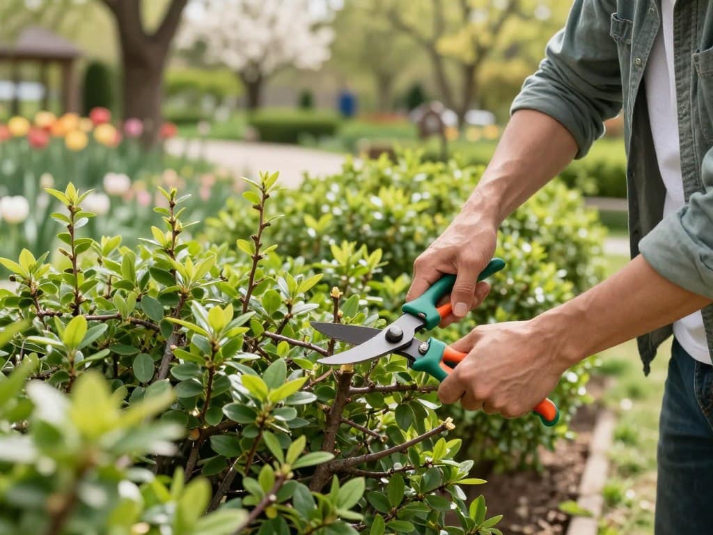 A professional gardener in casual, modest clothing is demonstrating proper pruning techniques on healthy, vibrant bushes in a well-maintained garden. In the foreground, focus on the gardener carefully trimming the branches with sharp gardening shears, showcasing correct hand positions. The middle ground features the bush, with freshly cut branches and green foliage, illustrating the results of proper pruning. In the background, a sunny park setting with blooming flowers and trees creates a tranquil atmosphere, bathed in soft, natural light. The scene is captured from a slightly elevated angle, emphasizing the gardening process and the lush environment, evoking a sense of care and skill in maintaining healthy plants. A professional gardener in casual, modest clothing is demonstrating proper pruning techniques on healthy, vibrant bushes in a well-maintained garden. In the foreground, focus on the gardener carefully trimming the branches with sharp gardening shears, showcasing correct hand positions. The middle ground features the bush, with freshly cut branches and green foliage, illustrating the results of proper pruning. In the background, a sunny park setting with blooming flowers and trees creates a tranquil atmosphere, bathed in soft, natural light. The scene is captured from a slightly elevated angle, emphasizing the gardening process and the lush environment, evoking a sense of care and skill in maintaining healthy plants.