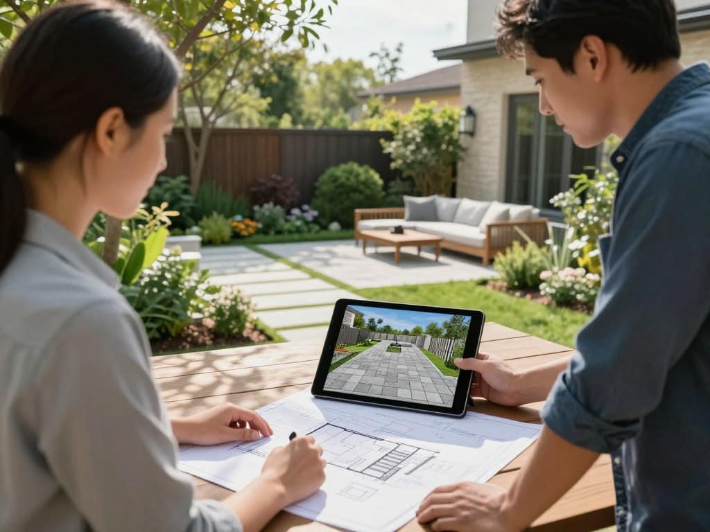 A professional landscape designer and a client are collaboratively planning a hardscape project outdoors. In the foreground, the designer holds a tablet showing a detailed 3D layout of a patio with interlocking pavers, while the client, dressed in smart casual attire, examines blueprints spread out on a wooden table. In the middle ground, a well-maintained garden features elegant stone pathways and a stylish outdoor seating area, surrounded by lush greenery and flowers. The background reveals a sunny sky with soft, natural lighting casting gentle shadows. The atmosphere is focused and creative, embodying a sense of collaboration and thoughtful planning in outdoor living spaces, conveying the beauty and functionality of hardscapes. A professional landscape designer and a client are collaboratively planning a hardscape project outdoors. In the foreground, the designer holds a tablet showing a detailed 3D layout of a patio with interlocking pavers, while the client, dressed in smart casual attire, examines blueprints spread out on a wooden table. In the middle ground, a well-maintained garden features elegant stone pathways and a stylish outdoor seating area, surrounded by lush greenery and flowers. The background reveals a sunny sky with soft, natural lighting casting gentle shadows. The atmosphere is focused and creative, embodying a sense of collaboration and thoughtful planning in outdoor living spaces, conveying the beauty and functionality of hardscapes.